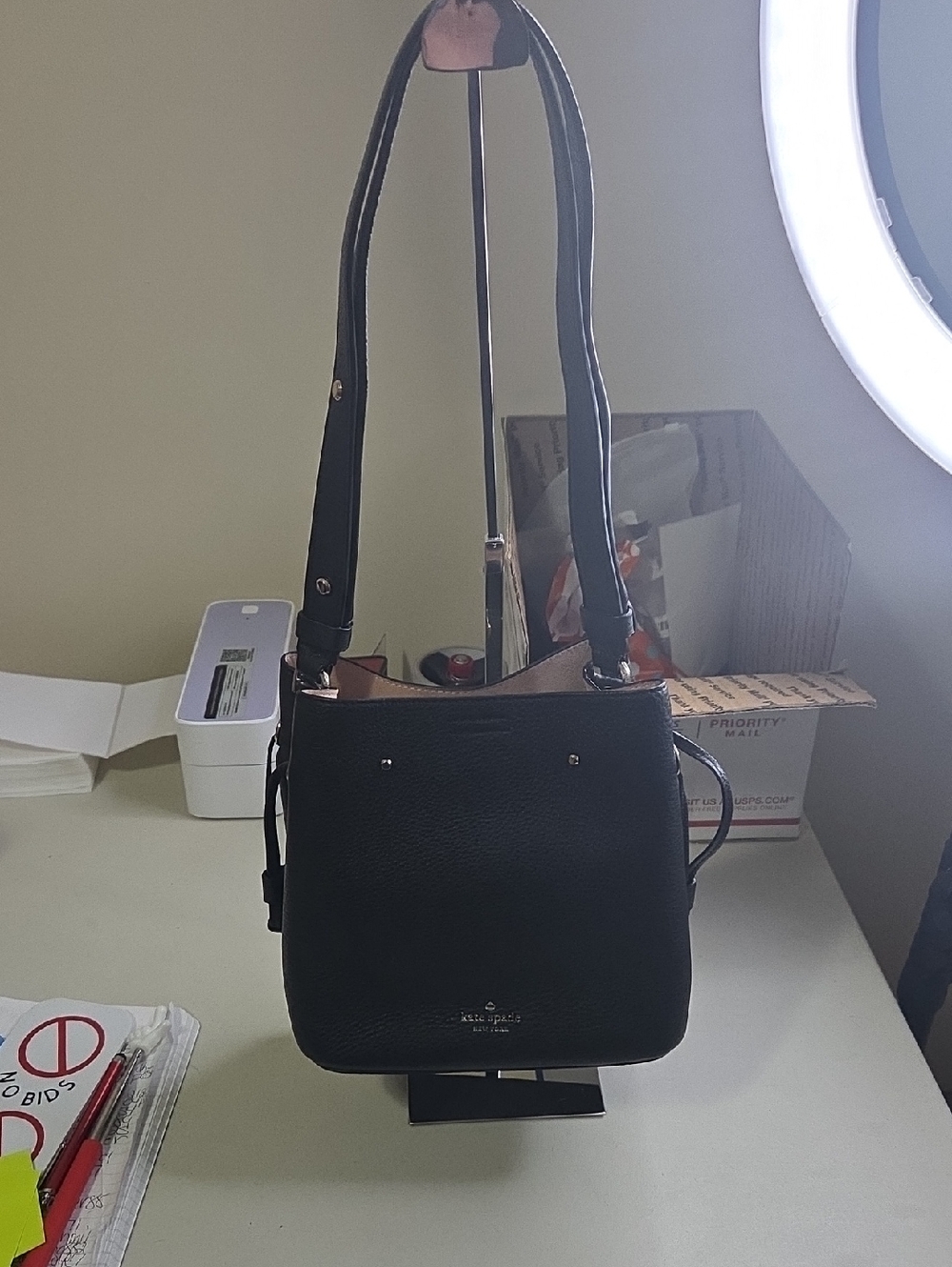 kate spade Marti  Black Pebbled Leather Bucket Bag with Contrast Interior
